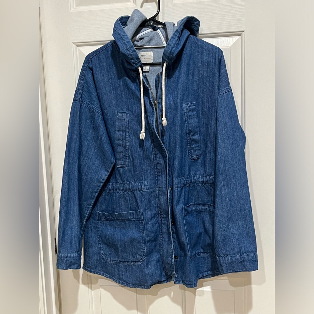 Forever 21 Blue Denim Hooded Jacket with Drawstring WOMEN SIZE L
